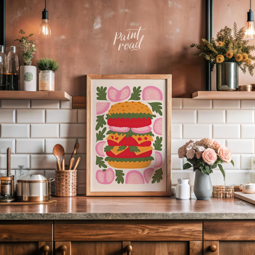 This playful and visually striking illustration presents a towering, deconstructed burger, showcasi… for kitchen