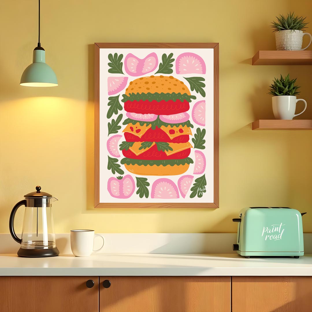 This playful and visually striking illustration presents a towering, deconstructed burger, showcasi… for kitchen