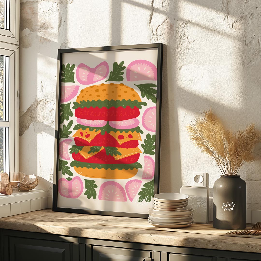 This playful and visually striking illustration presents a towering, deconstructed burger, showcasi… for kitchen