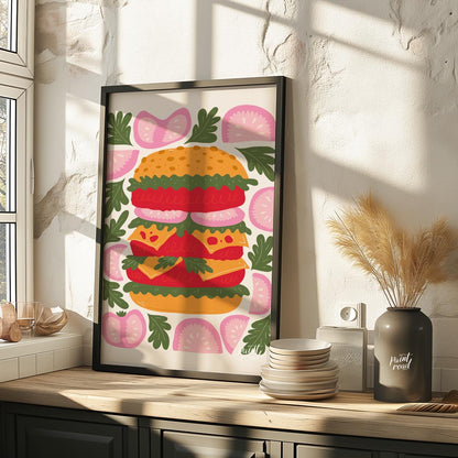 This playful and visually striking illustration presents a towering, deconstructed burger, showcasi… for kitchen