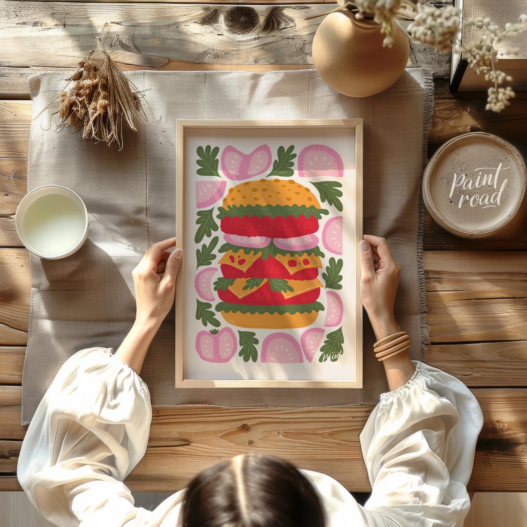 This playful and visually striking illustration presents a towering, deconstructed burger, showcasi… for other