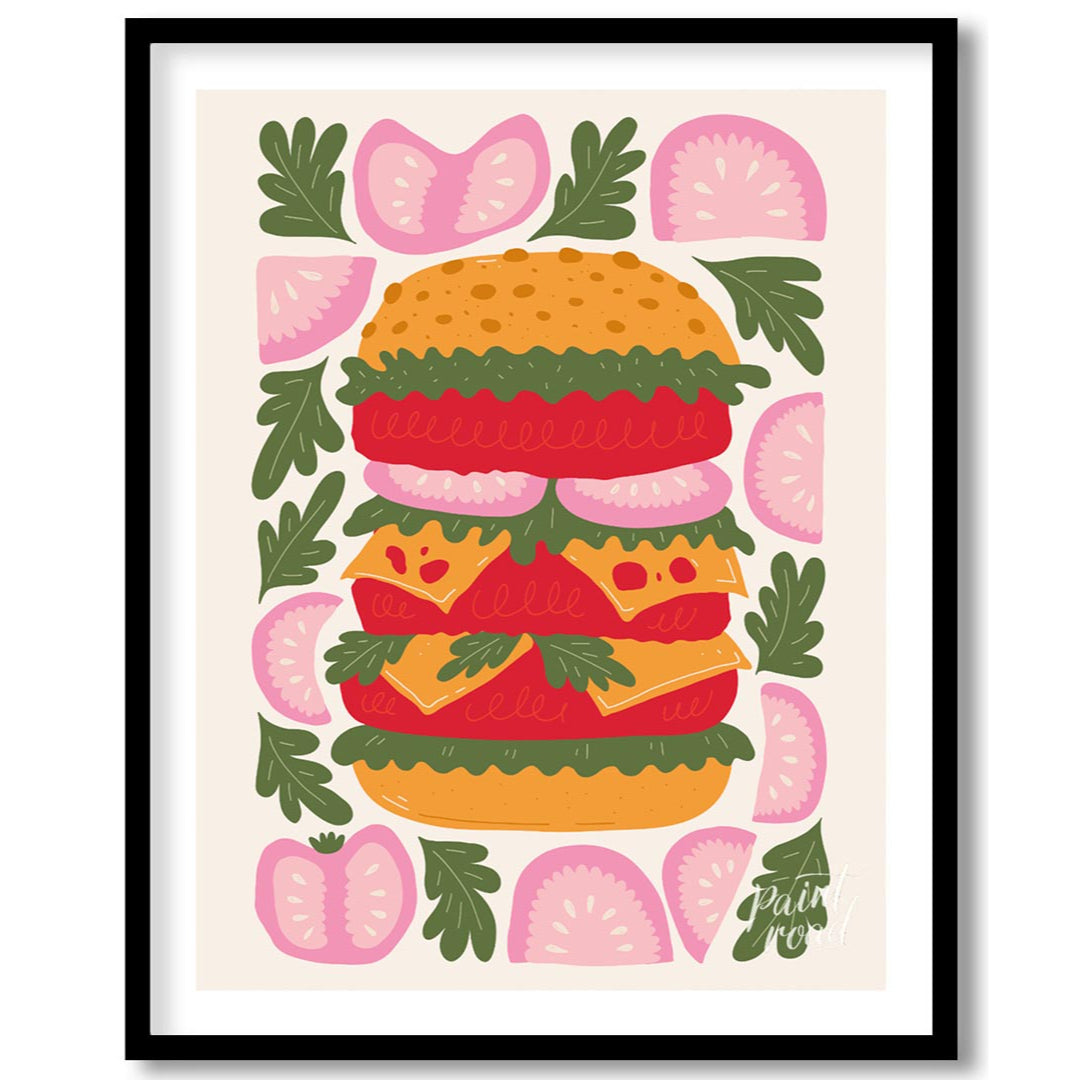 This playful and visually striking illustration presents a towering, deconstructed burger, showcasi… for space