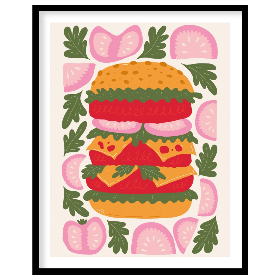 This playful and visually striking illustration presents a towering, deconstructed burger, showcasi… for space