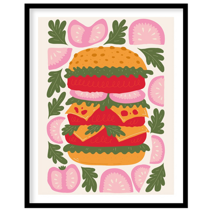 This playful and visually striking illustration presents a towering, deconstructed burger, showcasi… for space