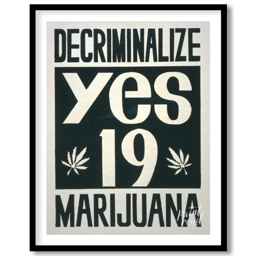 This vintage-style poster boldly advocates for the decriminalization of marijuana with the word "DE… for abode