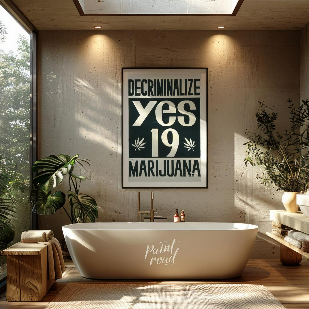 This vintage-style poster boldly advocates for the decriminalization of marijuana with the word "DE… for bathroom