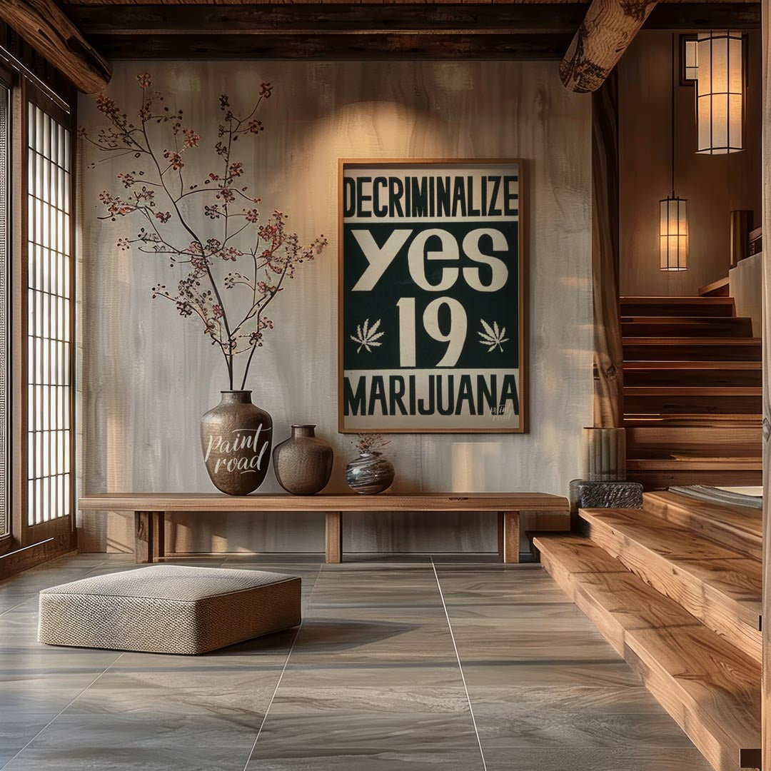 This vintage-style poster boldly advocates for the decriminalization of marijuana with the word "DE… for entryway