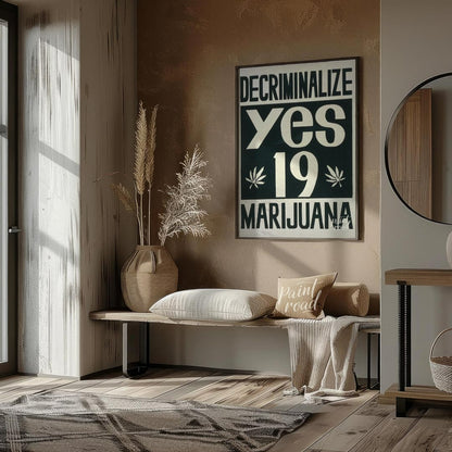 This vintage-style poster boldly advocates for the decriminalization of marijuana with the word "DE… for entryway