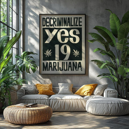 This vintage-style poster boldly advocates for the decriminalization of marijuana with the word "DE… for living room
