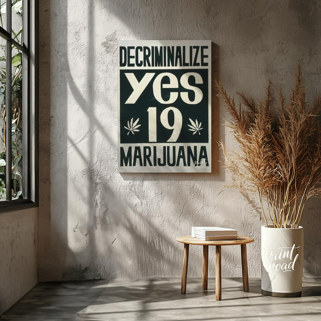 This vintage-style poster boldly advocates for the decriminalization of marijuana with the word "DE… for living room