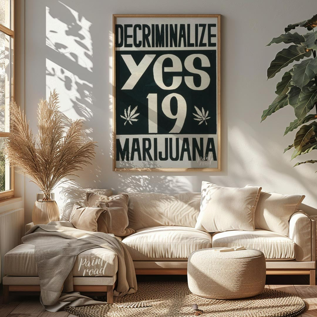 This vintage-style poster boldly advocates for the decriminalization of marijuana with the word "DE… for living room