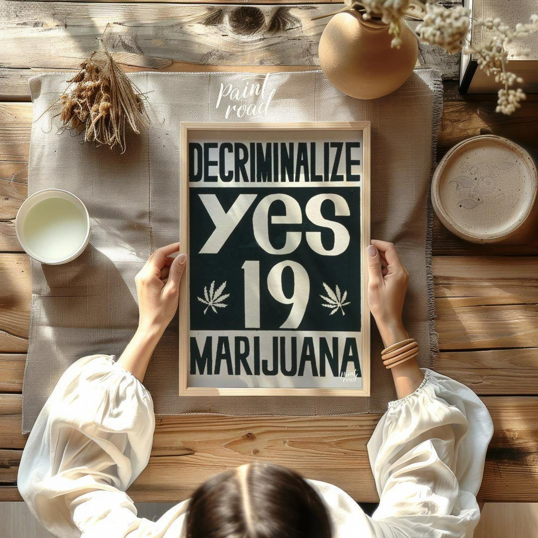 This vintage-style poster boldly advocates for the decriminalization of marijuana with the word "DE… for other