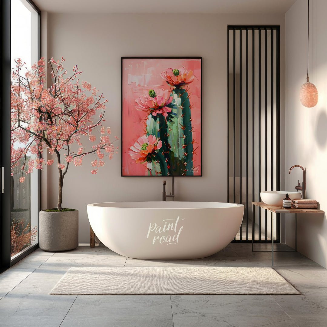 This vibrant painting captures the delicate beauty of cactus flowers against a soft, pink backdrop.… for bathroom