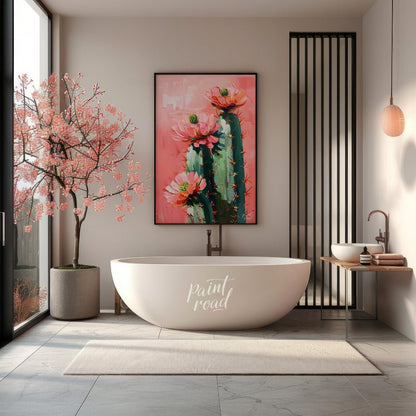 This vibrant painting captures the delicate beauty of cactus flowers against a soft, pink backdrop.… for bathroom