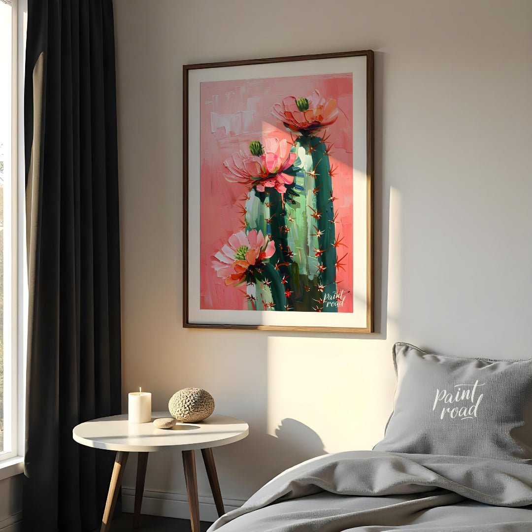 This vibrant painting captures the delicate beauty of cactus flowers against a soft, pink backdrop.… for bedroom