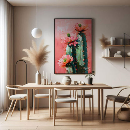 This vibrant painting captures the delicate beauty of cactus flowers against a soft, pink backdrop.… for dining room