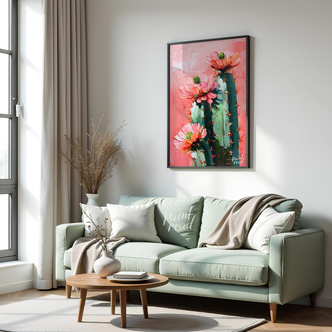 This vibrant painting captures the delicate beauty of cactus flowers against a soft, pink backdrop.… for living room