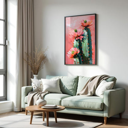 This vibrant painting captures the delicate beauty of cactus flowers against a soft, pink backdrop.… for living room