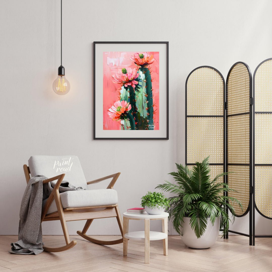 This vibrant painting captures the delicate beauty of cactus flowers against a soft, pink backdrop.… for living room