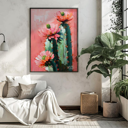 This vibrant painting captures the delicate beauty of cactus flowers against a soft, pink backdrop.… for living room
