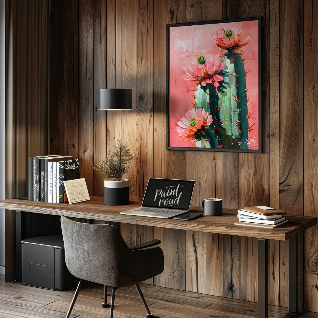 This vibrant painting captures the delicate beauty of cactus flowers against a soft, pink backdrop.… for office
