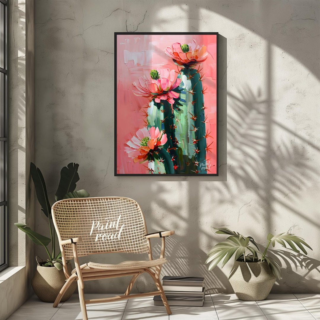 This vibrant painting captures the delicate beauty of cactus flowers against a soft, pink backdrop.… for other