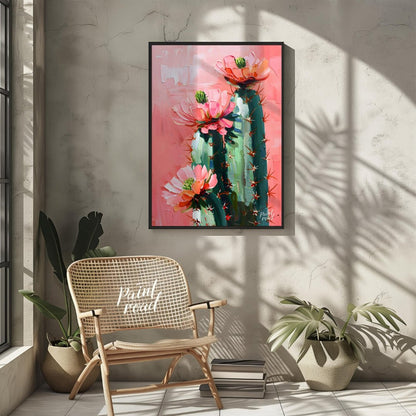 This vibrant painting captures the delicate beauty of cactus flowers against a soft, pink backdrop.… for other
