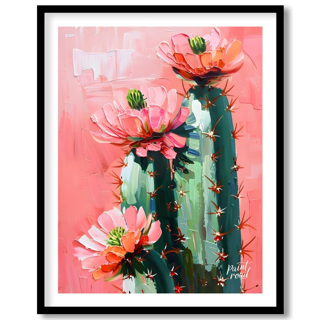This vibrant painting captures the delicate beauty of cactus flowers against a soft, pink backdrop.… for room