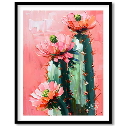 This vibrant painting captures the delicate beauty of cactus flowers against a soft, pink backdrop.… for room