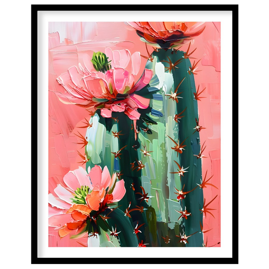 This vibrant painting captures the delicate beauty of cactus flowers against a soft, pink backdrop.… for room