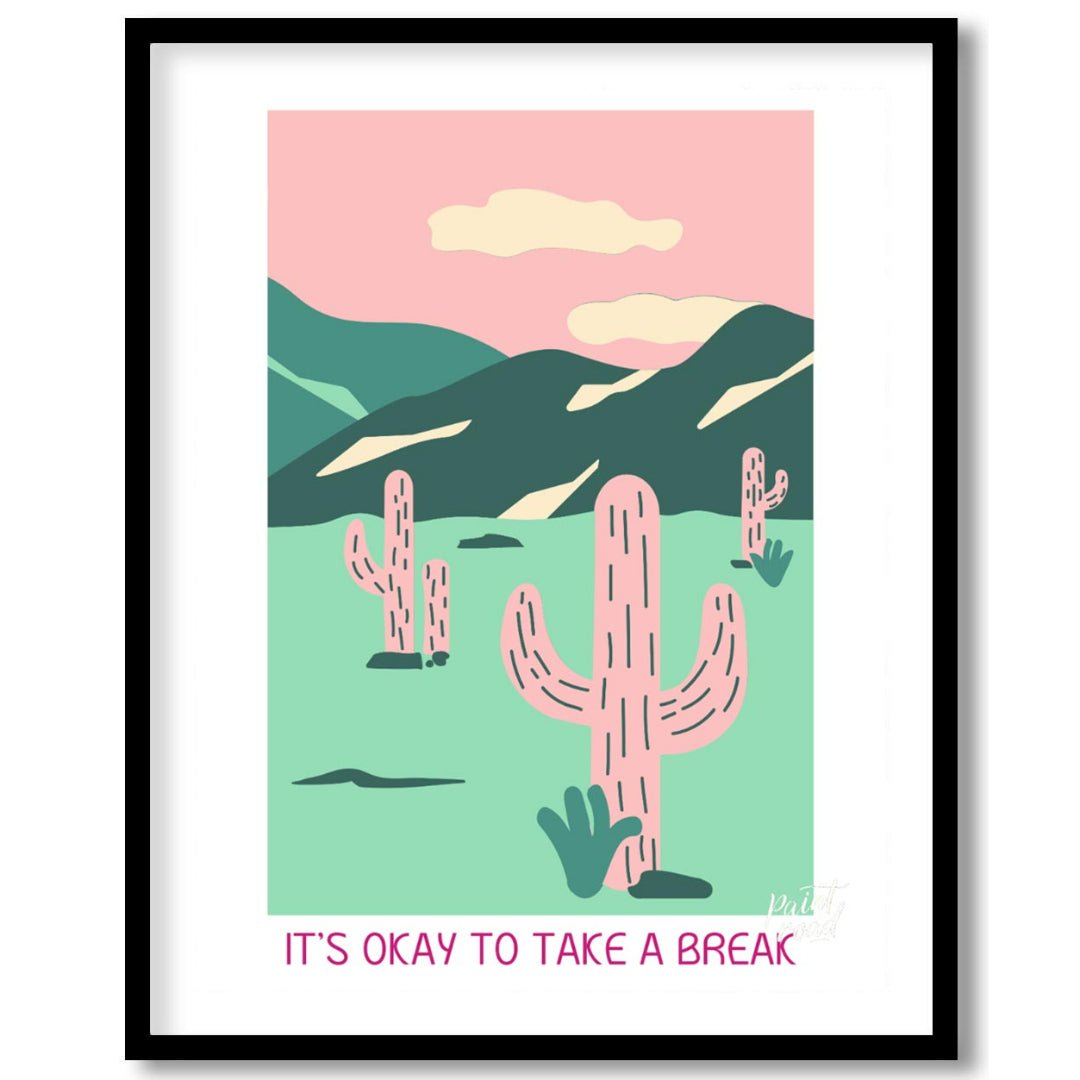This calming illustration features a stylized desert landscape with pink cacti, rolling hills, and … for area