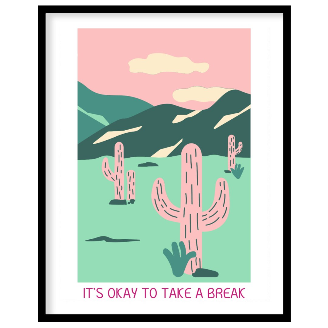 This calming illustration features a stylized desert landscape with pink cacti, rolling hills, and … for area