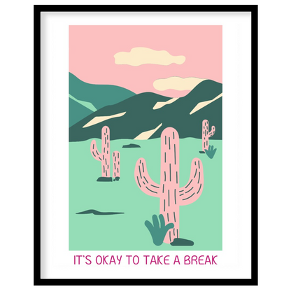This calming illustration features a stylized desert landscape with pink cacti, rolling hills, and … for area