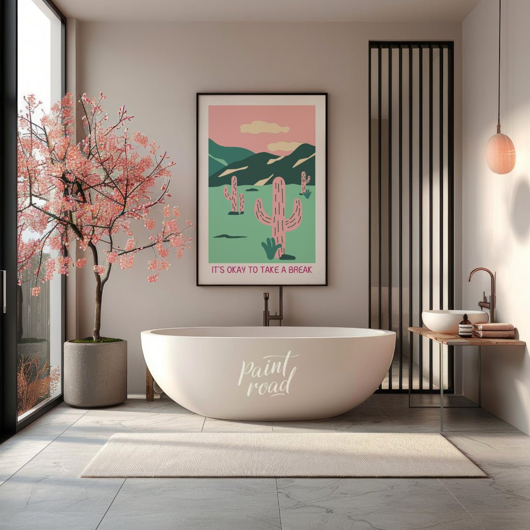 This calming illustration features a stylized desert landscape with pink cacti, rolling hills, and … for bathroom