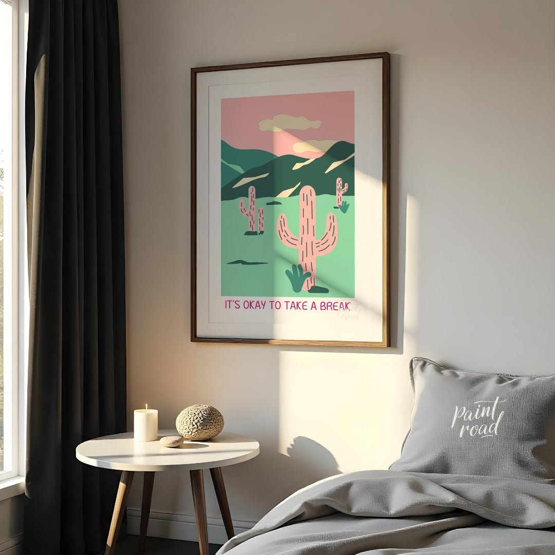 This calming illustration features a stylized desert landscape with pink cacti, rolling hills, and … for bedroom