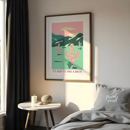 This calming illustration features a stylized desert landscape with pink cacti, rolling hills, and … for bedroom