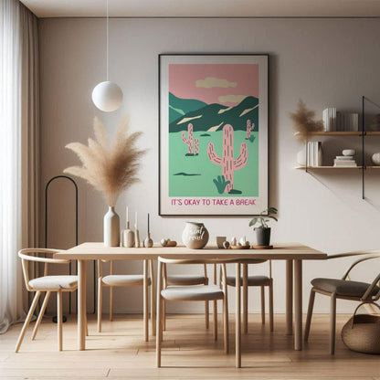 This calming illustration features a stylized desert landscape with pink cacti, rolling hills, and … for dining room