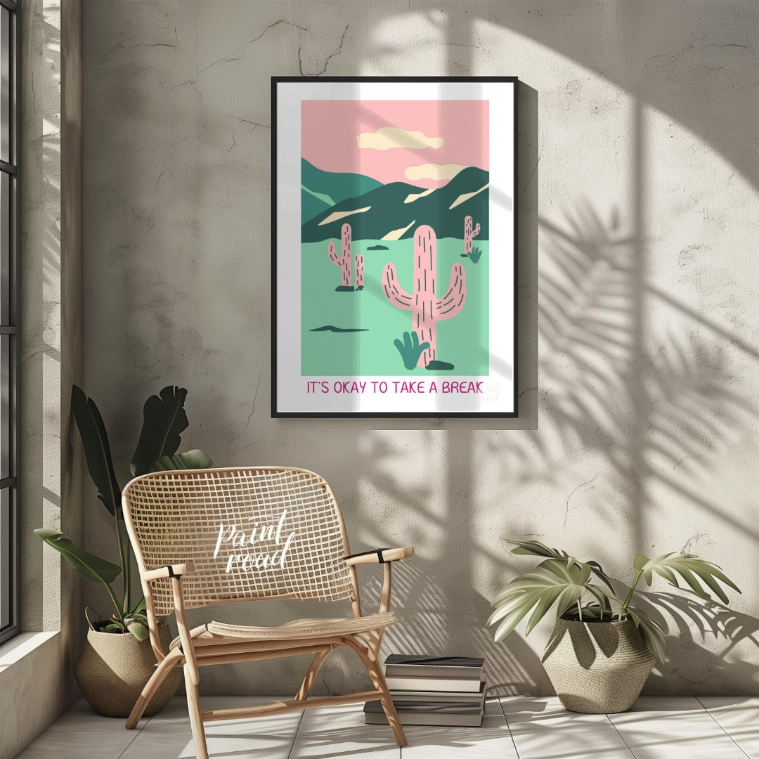 This calming illustration features a stylized desert landscape with pink cacti, rolling hills, and … for living room