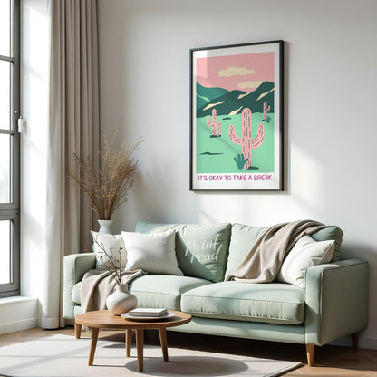 This calming illustration features a stylized desert landscape with pink cacti, rolling hills, and … for living room