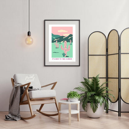 This calming illustration features a stylized desert landscape with pink cacti, rolling hills, and … for living room