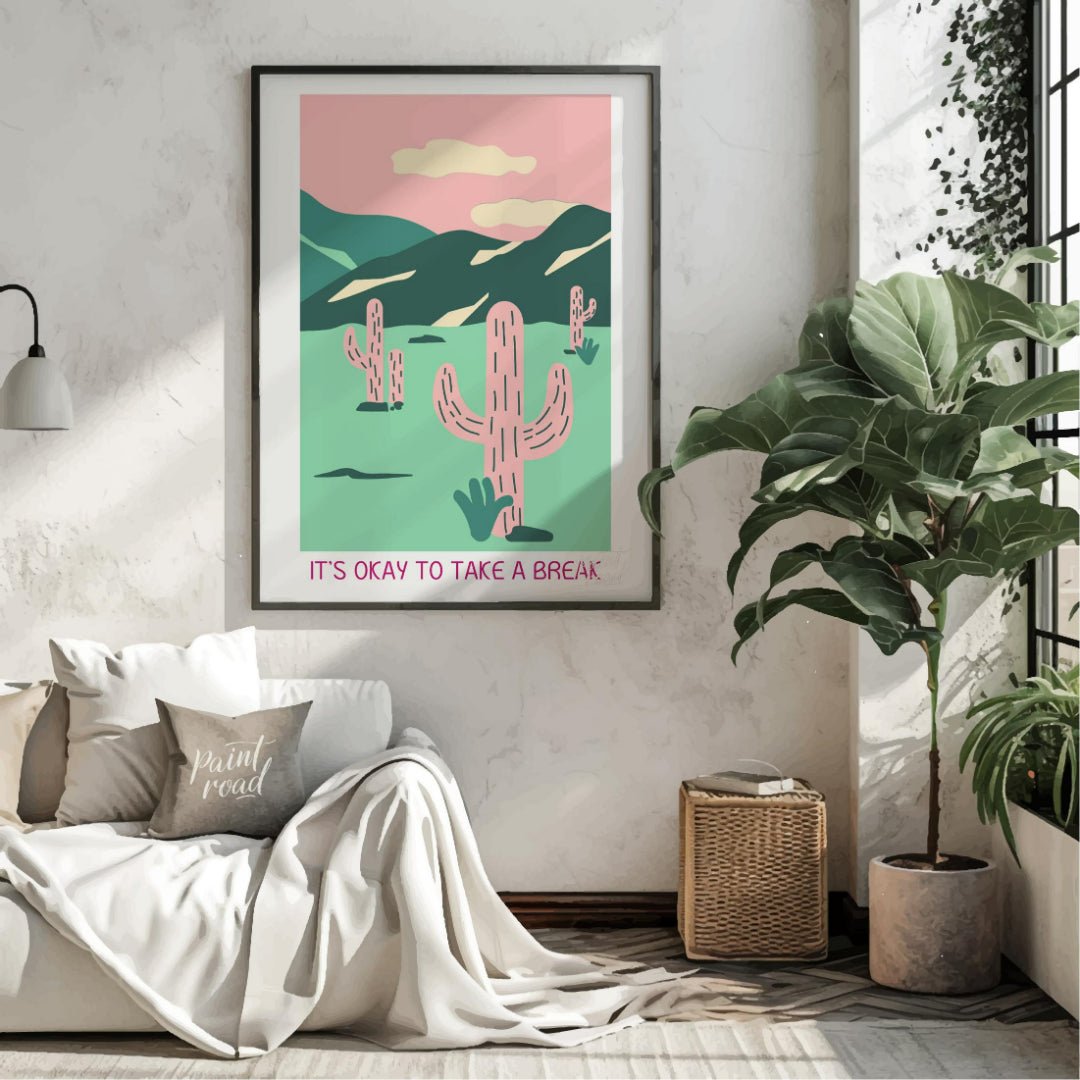 This calming illustration features a stylized desert landscape with pink cacti, rolling hills, and … for living room