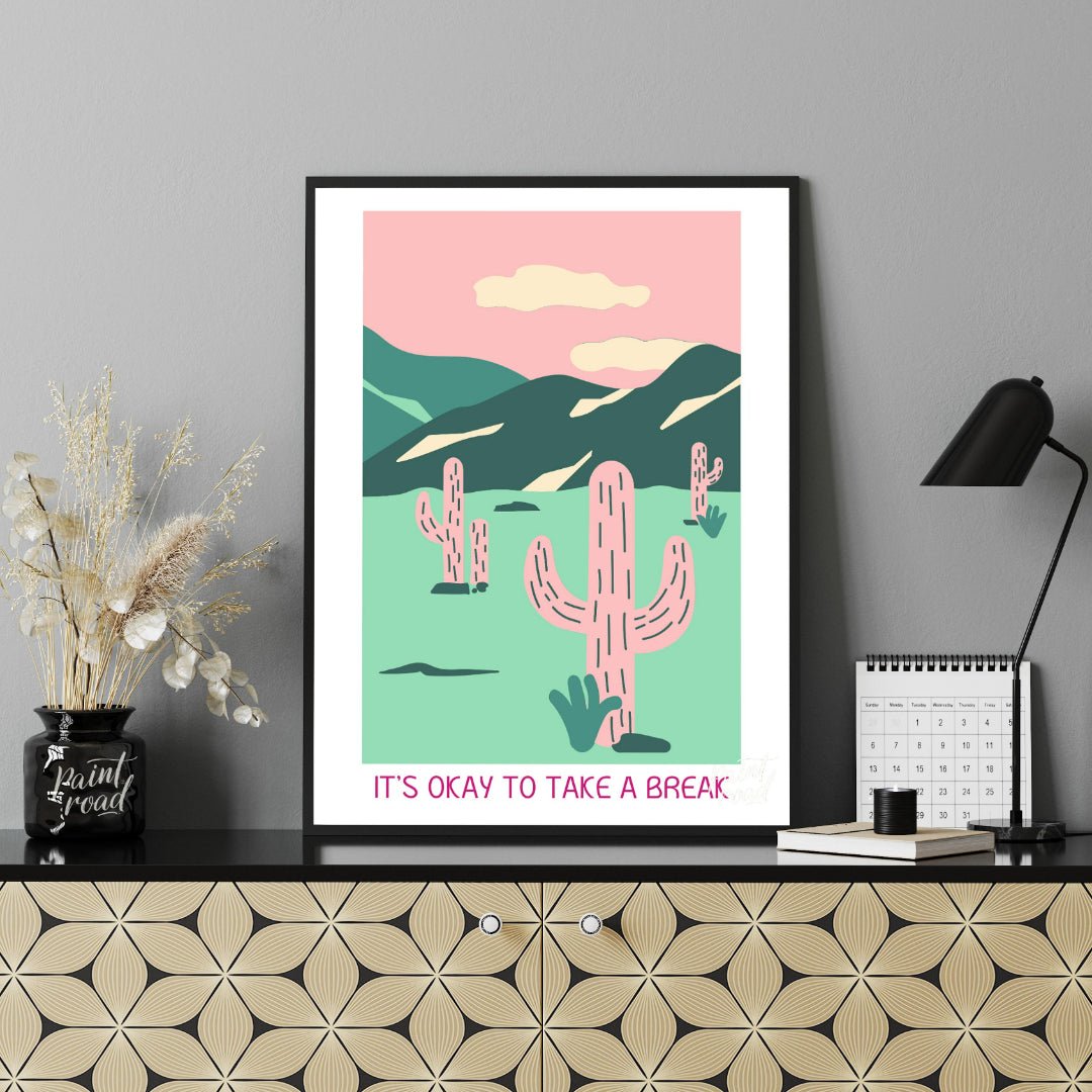 This calming illustration features a stylized desert landscape with pink cacti, rolling hills, and … for office