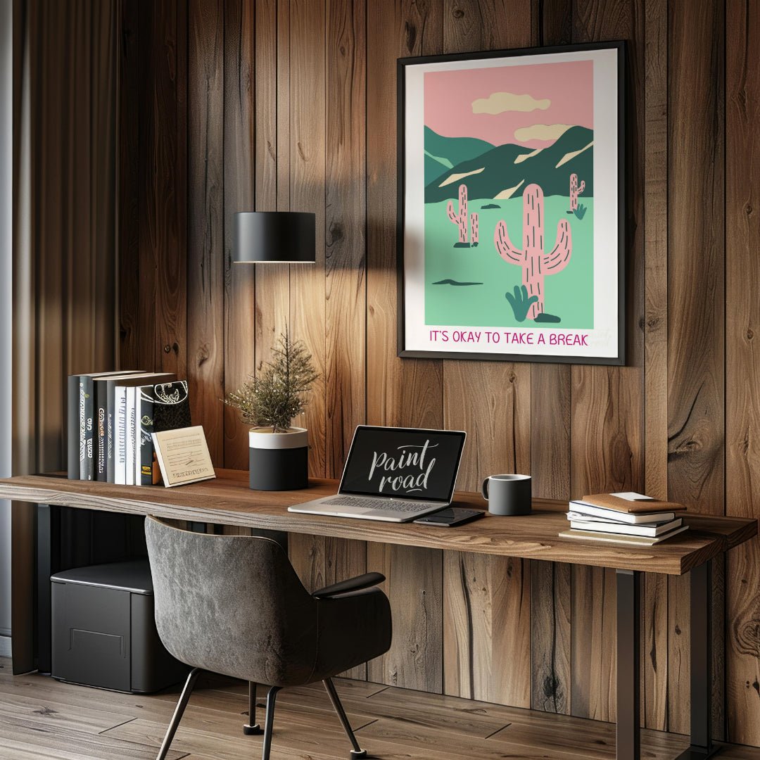 This calming illustration features a stylized desert landscape with pink cacti, rolling hills, and … for office