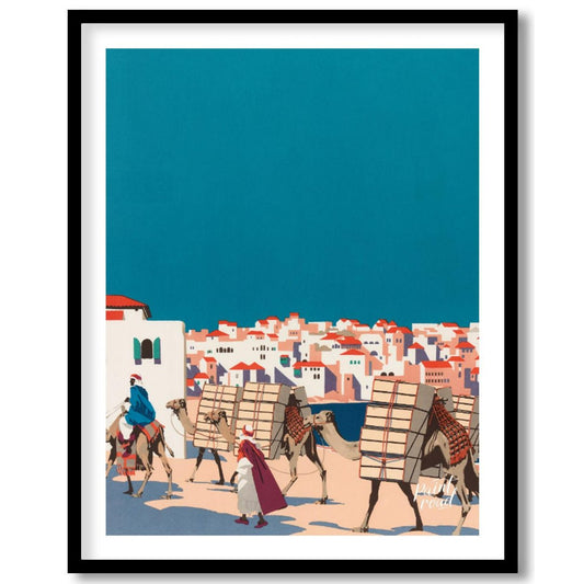 This striking illustration depicts a vibrant Middle Eastern scene with a caravan of camels, laden w… for home