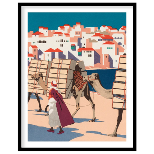 This striking illustration depicts a vibrant Middle Eastern scene with a caravan of camels, laden w… for home