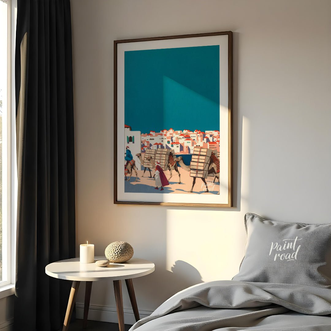 Desert Caravan Cityscape Painting available online at Paintroad showing adventure Arab and blue