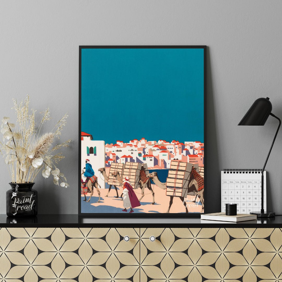 Desert Caravan Cityscape Painting available online at Paintroad showing adventure Arab and blue