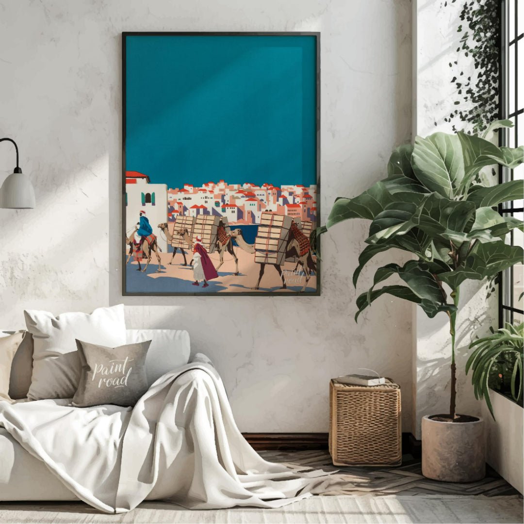 Desert Caravan Cityscape Painting available online at Paintroad showing adventure Arab and blue