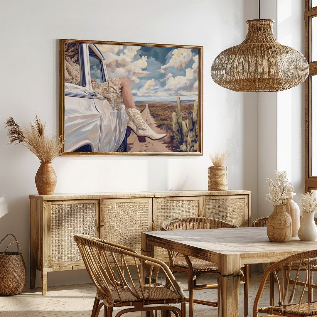 Immerse yourself in the tranquility of the open road with this captivating piece of art. Featuring for Dining