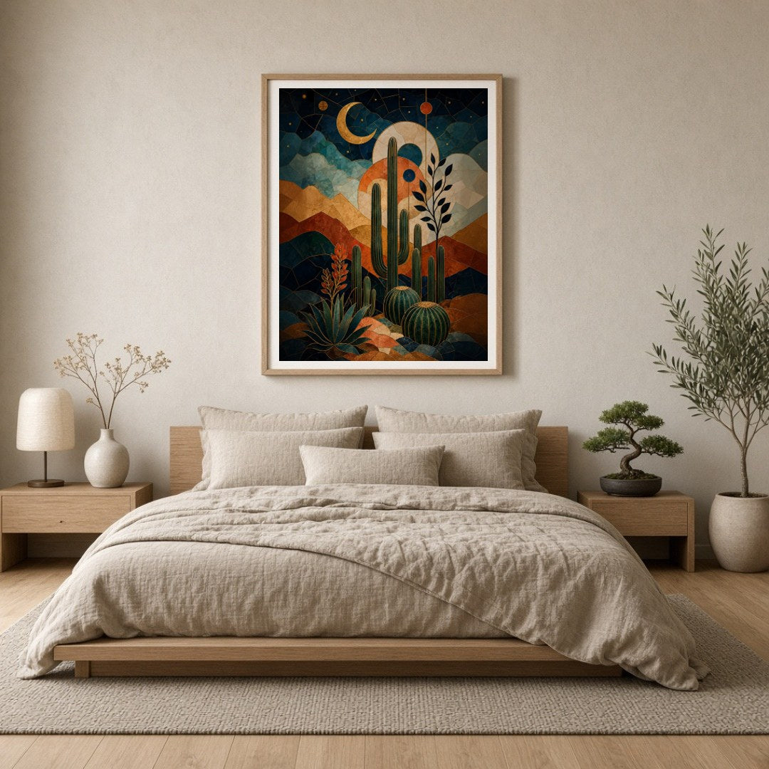 Immerse yourself in a stunning fusion of desert landscapes and celestial motifs with this for Bedroom